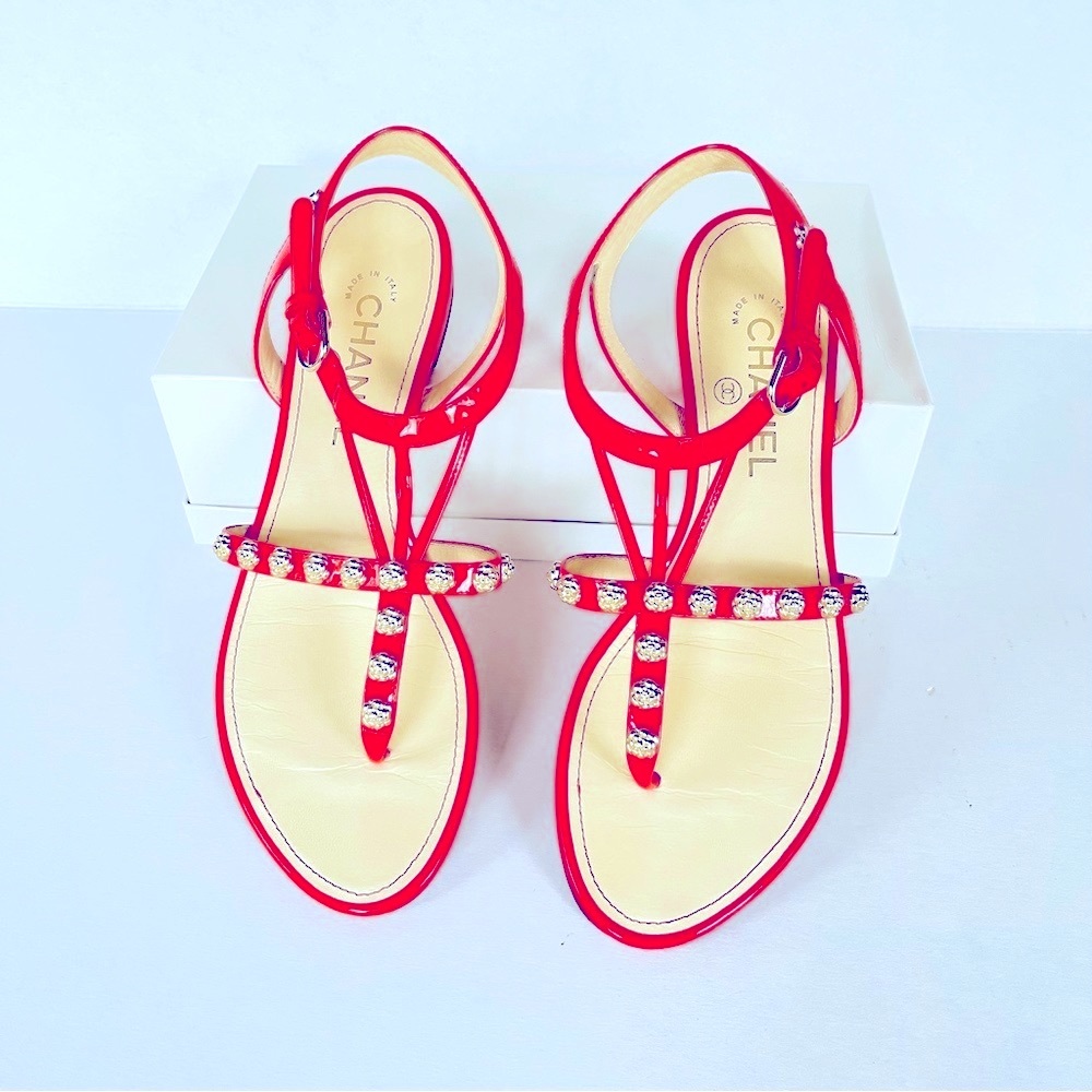 CHANEL coral red gold camellia studded flat sandals 38
